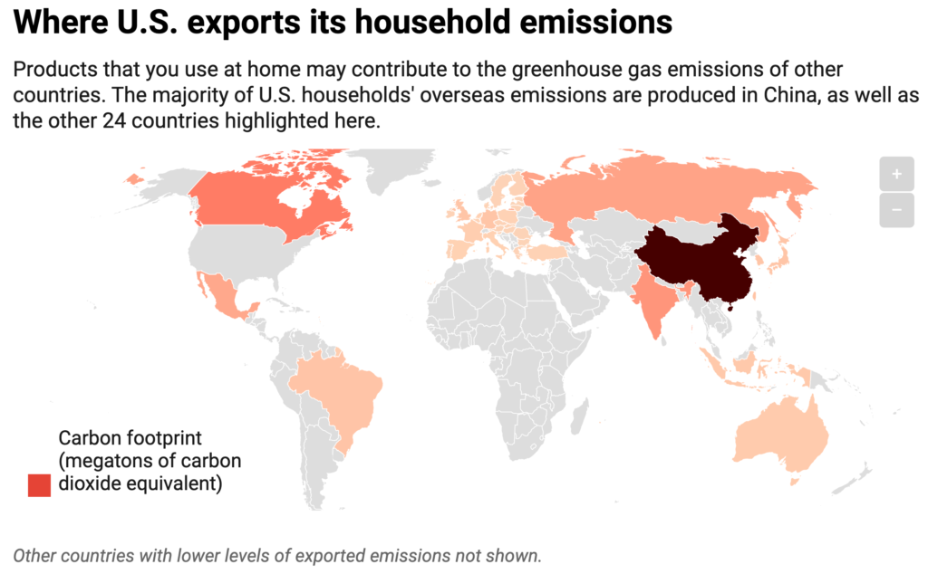 Where U.S. exports its household emissions: Products that you use at home may contribute to the greenhouse gas emissions of other countries. The majority of U.S. households' overseas emissions are produced in China, as well as the other 24 countries highlighted here.