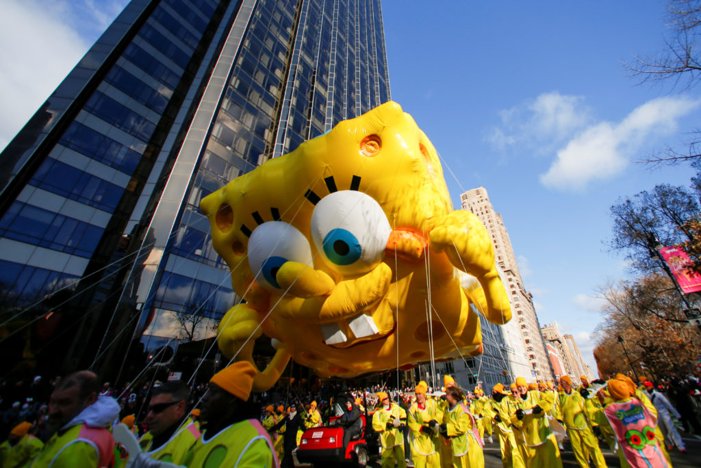The Spongebob SquarePants with Gary the Snail balloon hovers above the crowd during the 93rd Macy's Thanksgiving Day Parade in New York, on November 28, 2019. Photo by Caitlin Ochs/Reuters