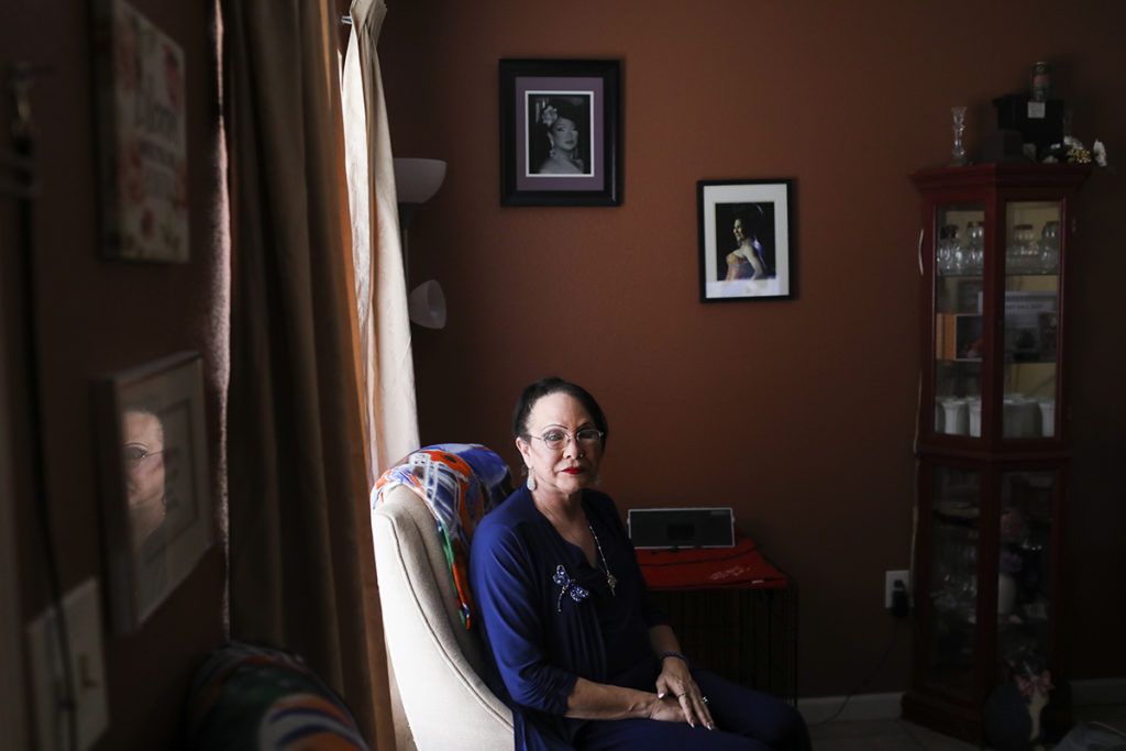 Stephanie Stuart at home in New Port Richey, Fla., where she displays memorabilia from competing over the last 35 years for titles like Miss Tampa Pride and Miss Daytona. Stuart was diagnosed with HIV 27 years ago. Photo Credit: Eve Edelheit