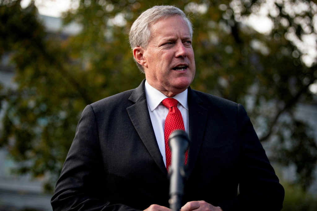 White House Chief of Staff Mark Meadows speaks to reporters following a television interview, outside the White House in Washington, U.S. October 21, 2020. Photo by Al Drago/REUTERS