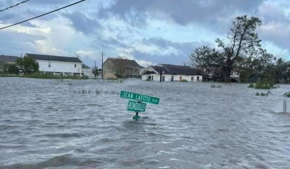 Flooded streets in Jean Lafitte, La after Hurricane Ida.