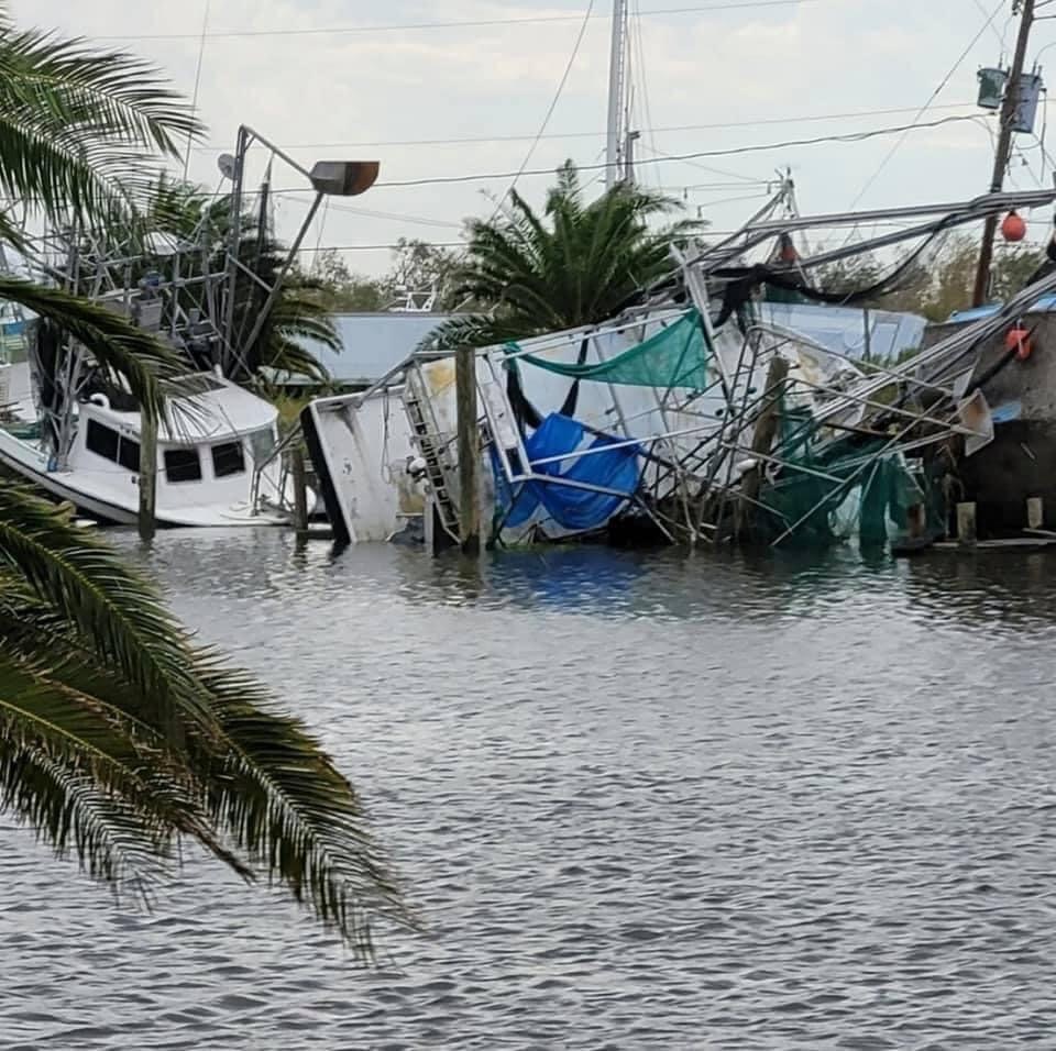 Overturned shrimp boats in the Barataria Basin in Louisiana.