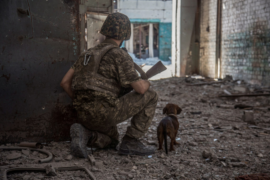 A Ukrainian service member with a dog observes in the industrial area of the city of Sievierodonetsk, as Russia's attack on Ukraine continues, Ukraine June 20, 2022. Picture taken June 20, 2022. Photo by Oleksandr Ratushniak/REUTERS