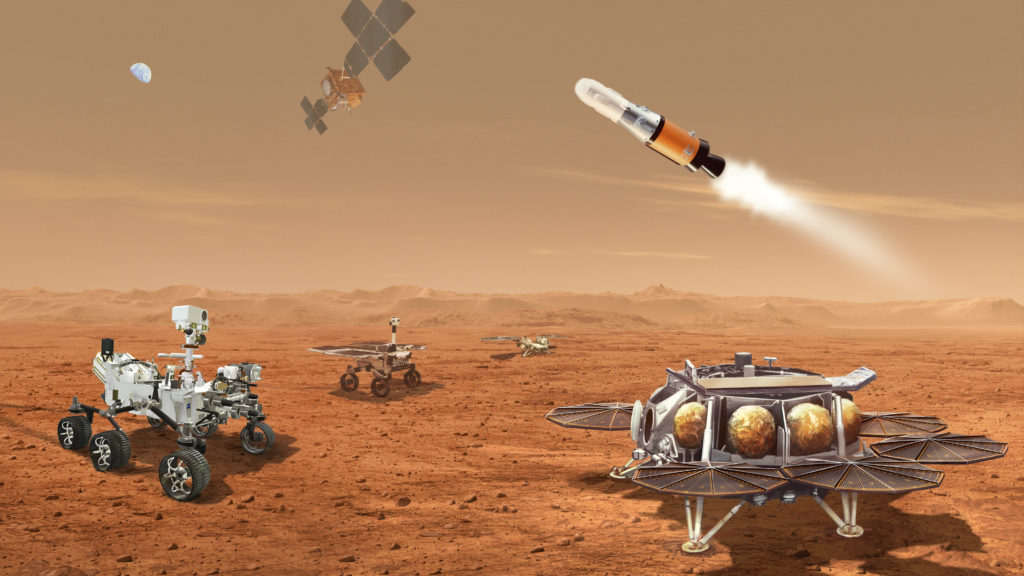 This illustration shows a concept for multiple robots that would team up to ferry to Earth samples collected from the Mars surface by NASA's Mars Perseverance rover.