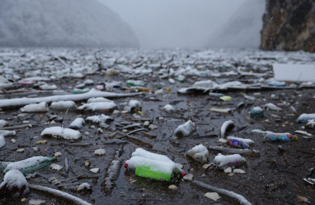 Tons of floating waste float in the Drina river near Visegrad