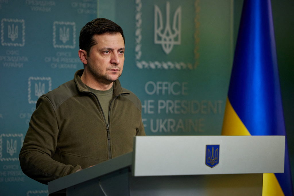 Ukrainian President Volodymyr Zelenskiy makes a statement in Kyiv, Ukraine, February 25, 2022. Photo provided by Ukrainian Presidential Press Service/Handout via REUTERS
