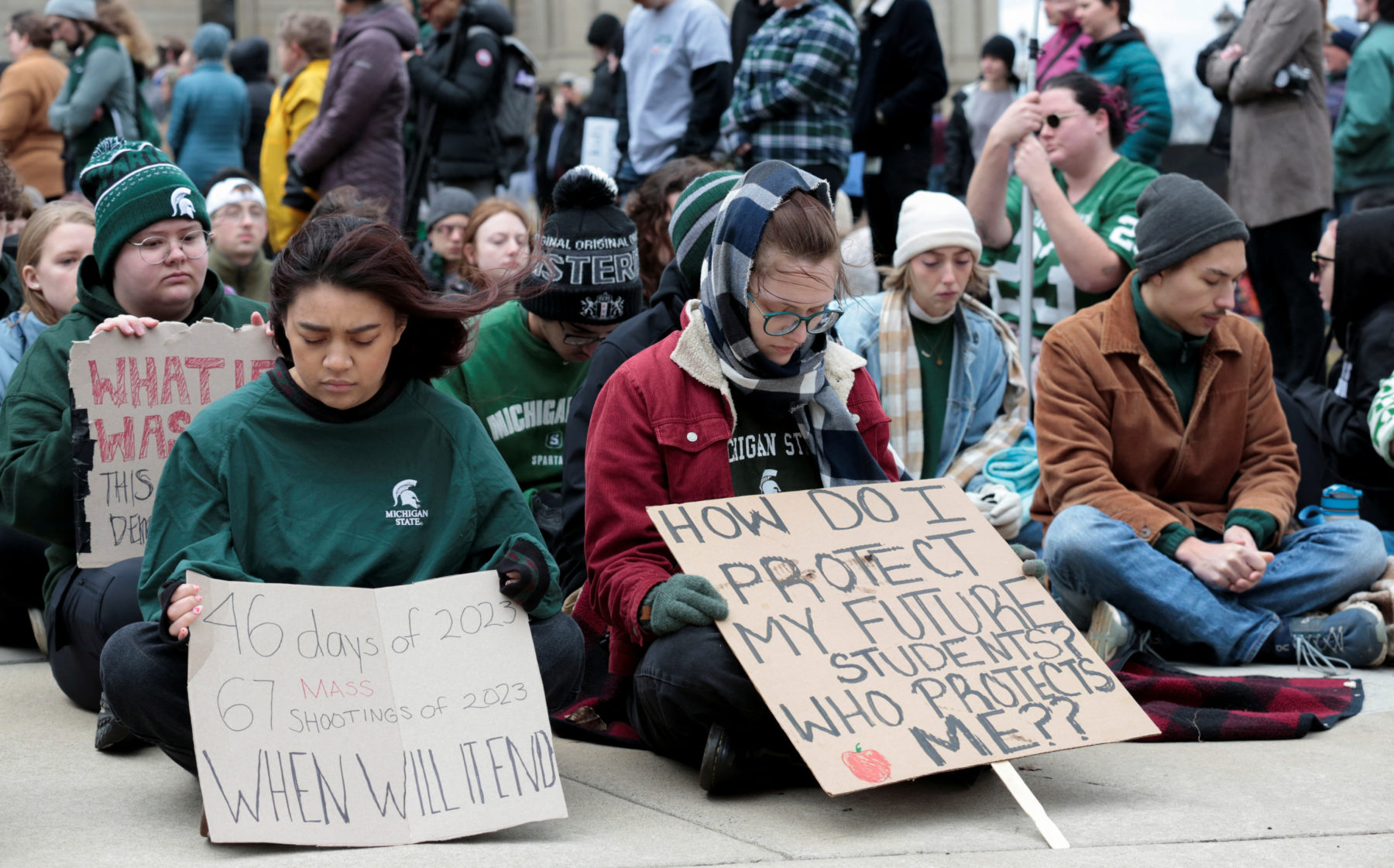 Michigan State University students sit-in protest in front of the State Capitol against guns, following a mass shooting of eight MSU students on Monday at campus, in Lansing, Michigan U.S. February 15, 2023. REUTERS/Rebecca Cook