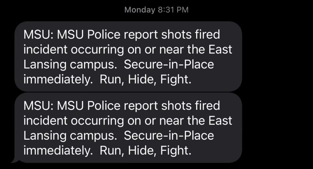 Michigan State University (MSU) emergency alert messages sent to students after a mass shooting on campus killed three students and injured five students, East Lansing, Feb. 13, 2023. Photo by Campbell Berg.