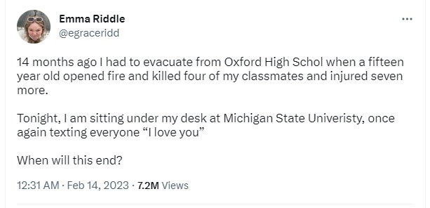 Michigan State University student Emma Riddle tweets about her experience being in two school shootings, at Oxford High School and at MSU. 