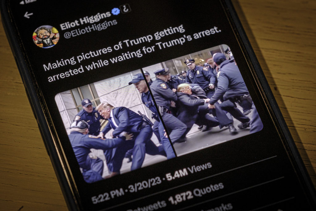 Images created by Eliot Higgins with the use of artificial intelligence show a fictitious skirmish with Donald Trump and N...