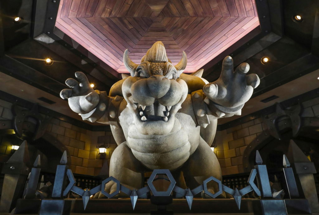 A statue of Bowser or King Koopa is displayed inside Bowser's Catsle at Super Nintendo World at the Universal Studios Japa...