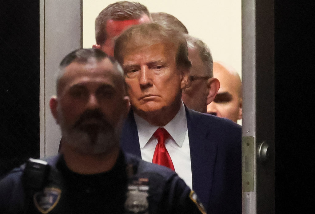 Former U.S. President Donald Trump arrives at Manhattan Criminal Courthouse, after his indictment by a Manhattan grand jury following a probe into hush money payments meant to cover up alleged sexual encounters before the 2016 election, in New York City, U.S., April 4, 2023. Photo by Brendan McDermid/REUTERS