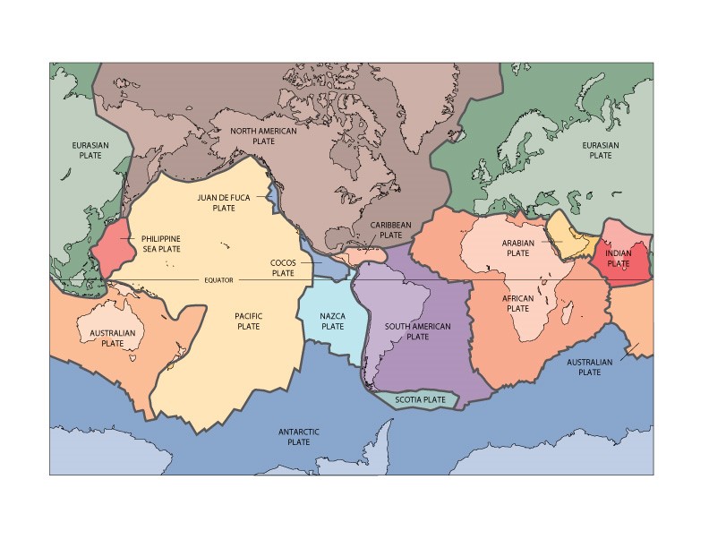 A world map shows the borders of each tectonic plate, of which there are between 15 to 20 or so, in addition to outlines of the continents. They are color coded to show where one starts and another begins.