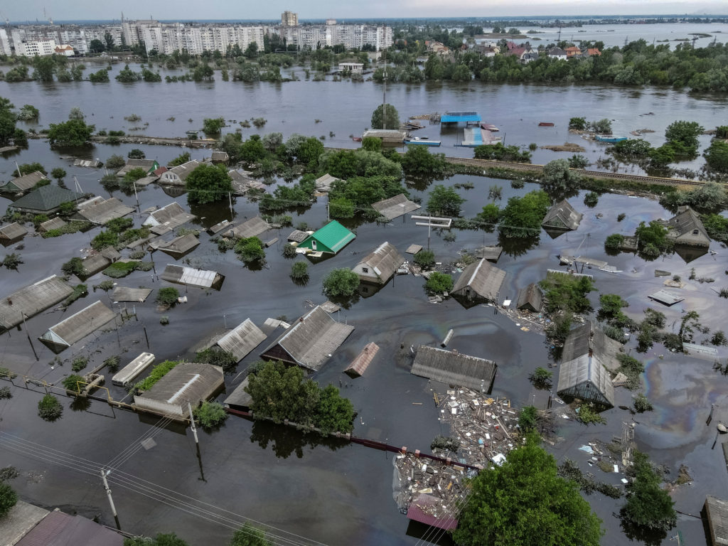 FILE PHOTO: An aerial view shows a flooded area after the Nova Kakhovka dam breached in Kherson