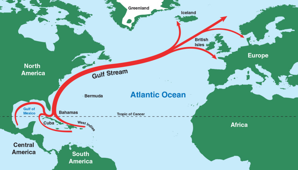 This map shows where the Gulf Stream originates in the Gulf of Mexico, and how it travels northeast across the Atlantic Ocean toward Northwest Europe.