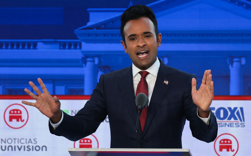 Former biotech executive Vivek Ramaswamy speaks during the second Republican candidates' debate of the 2024 U.S. presidential campaign at the Ronald Reagan Presidential Library in Simi Valley, California, U.S. September 27, 2023. Photo by Mike Blake/REUTERS