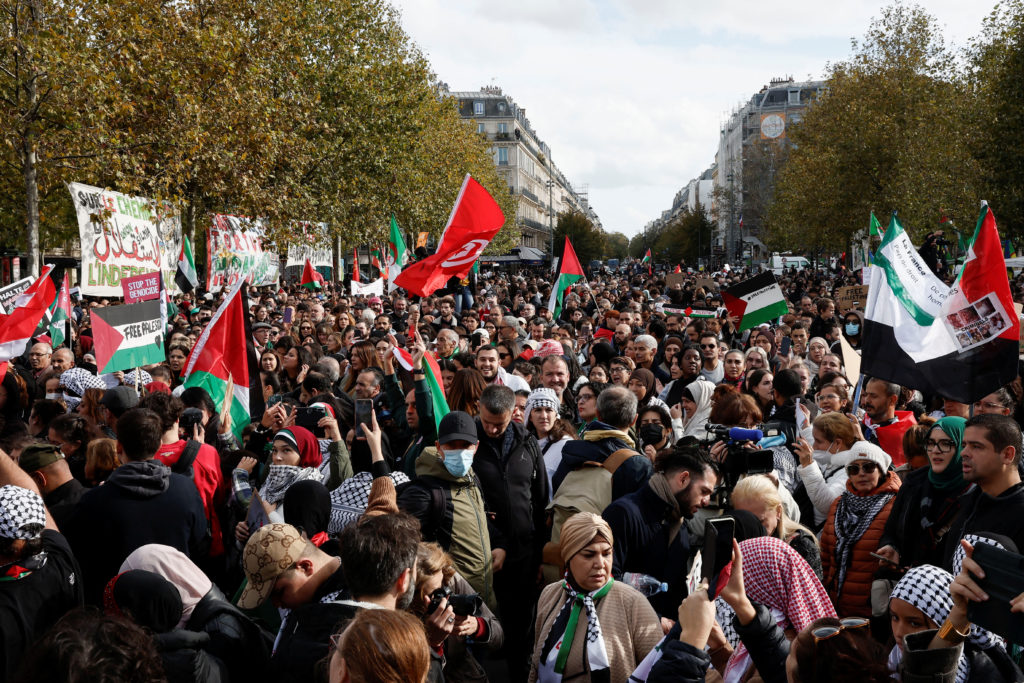 French labour unions and organisations call for peace and an immediate ceasefire in Gaza during a demonstration at Place de la Republique in Paris, France, October 22, 2023. Photo by Benoit Tessier/REUTERS