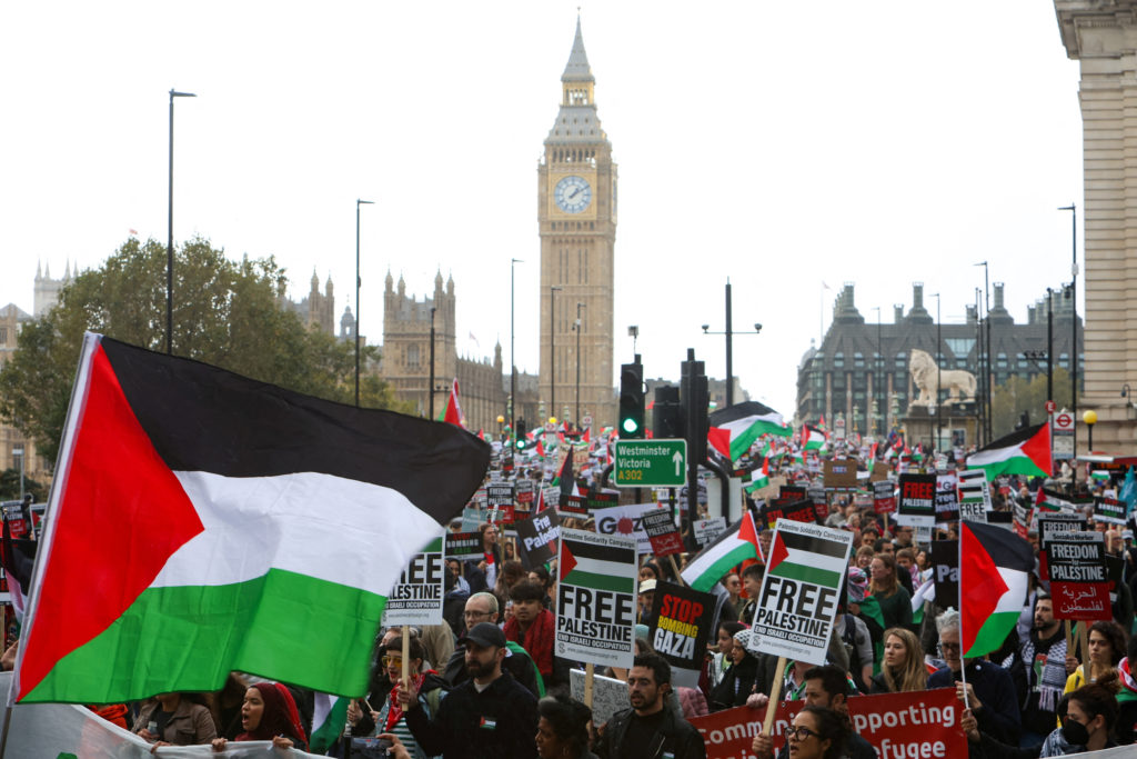 Demonstrators protest in solidarity with Palestinians in Gaza, in London