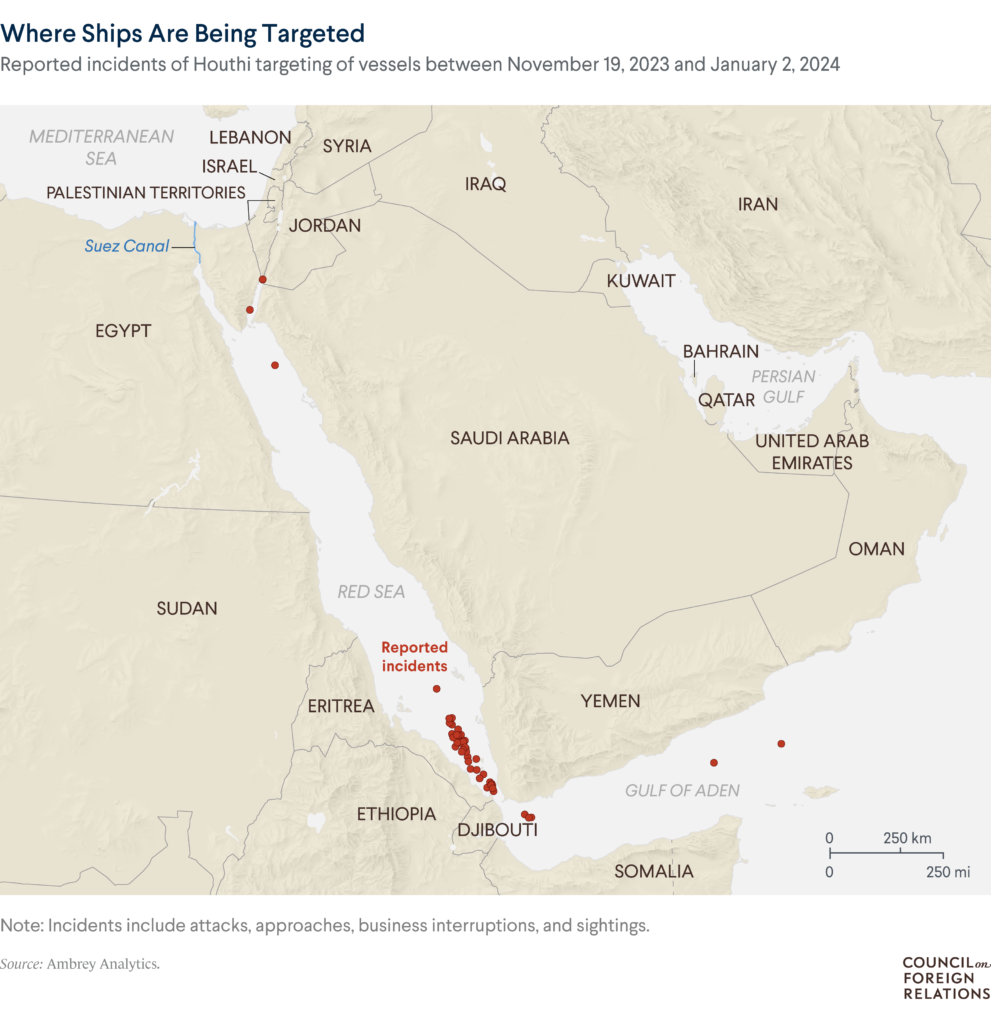 Graphic shows where ships are being targeted in the Red Sea