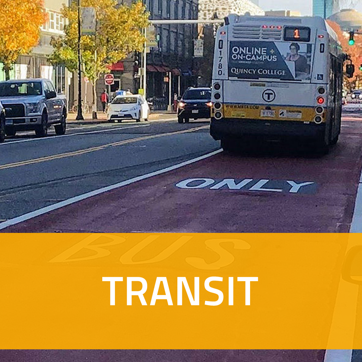 A square button with a photo of a bus and the word Transit in white on an orange background
