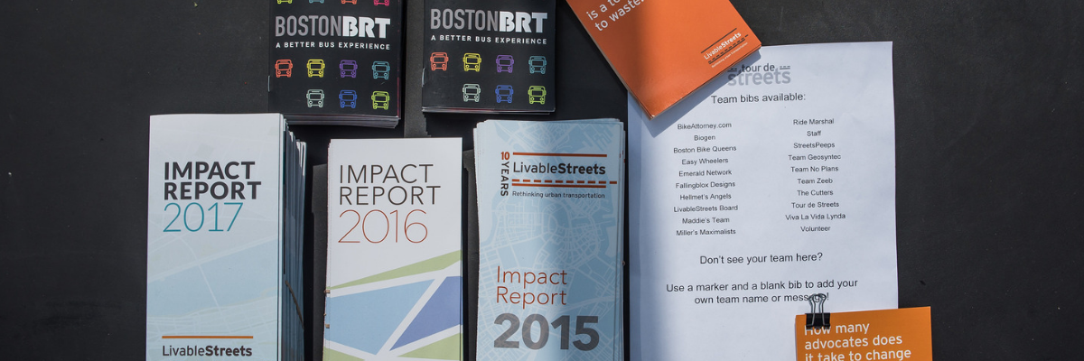 The banner photo shows a number of pamphlets lying together on a surface. The pamphlets include LivableStreets Impact Reports from 2015-2017 and a pamphlet about Bus Rapid Transit in Boston.