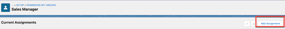 Permission Set Groups screen highlighting the Add Assignment button.