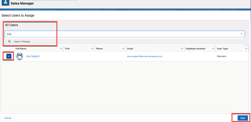 Permission Set Groups screen highlighting how to assign it to Jose Support user.