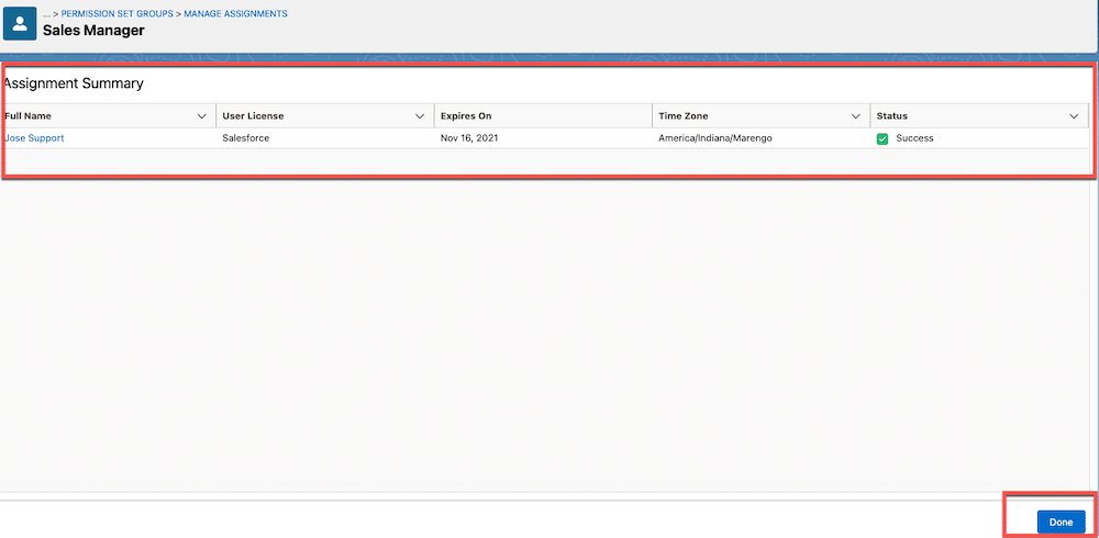 Permission Set Group assignment summary page.