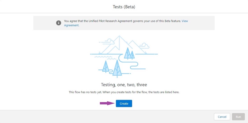 Tests page with Create button being selected.