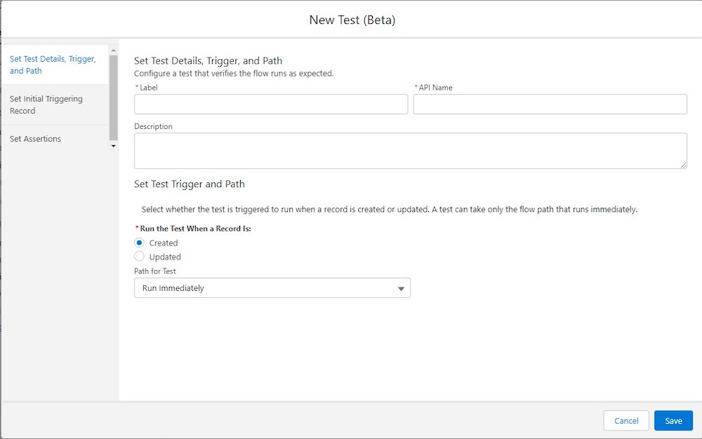 The Set Test Details, Trigger, and Path tab on the initial page to configure a flow test.