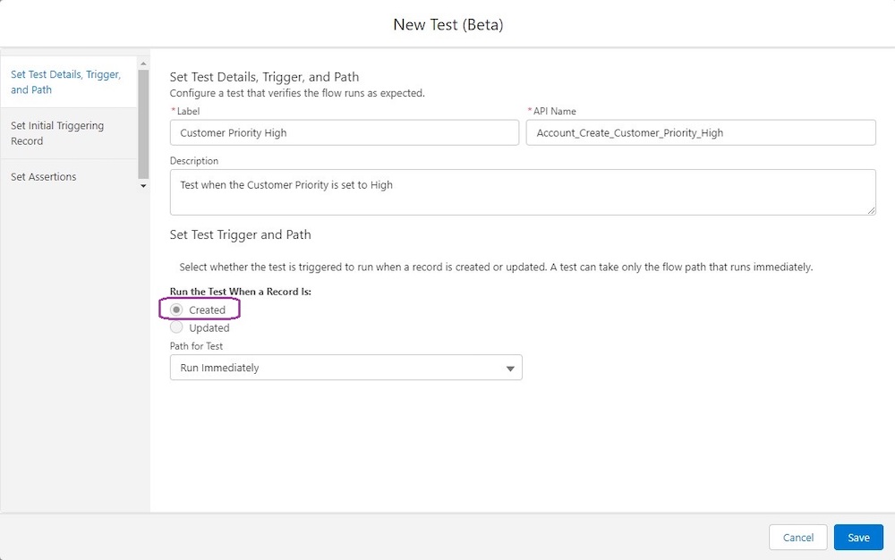 Set Test Details, Trigger, and Path tab showing Created highlighted as the way to run the test. 