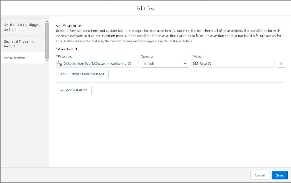 Set Assertions tab showing the configured assertion for the Chatter feed item.