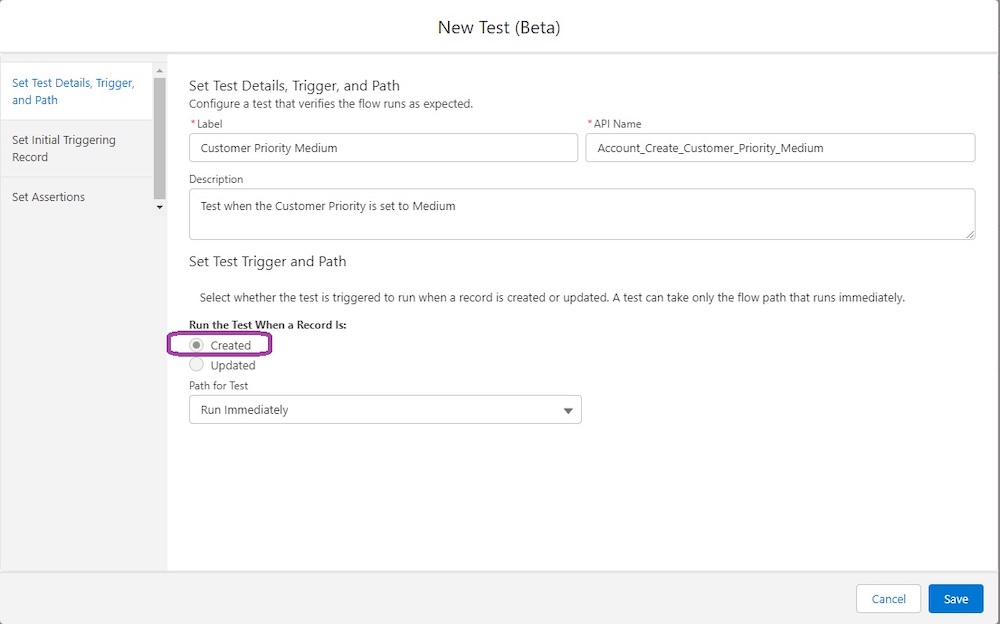 Set Test Details, Trigger, and Path tab showing the Created option selected.