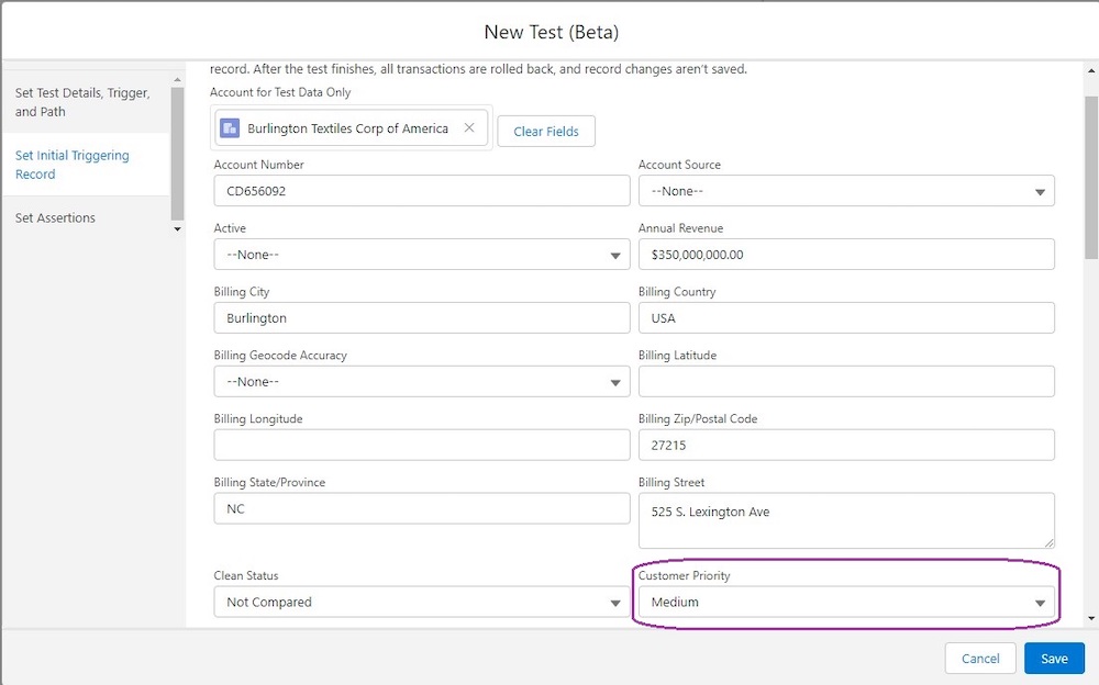 Set Initial Triggering Record tab showing that Customer Priority is set to Medium.