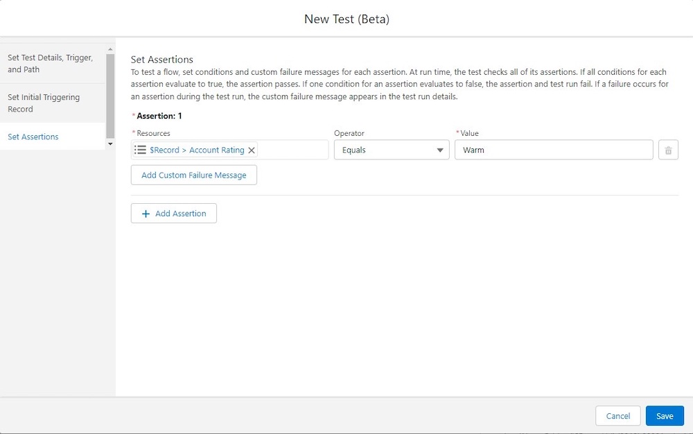 Set Assertions tab selected to check that the account rating is Warm.