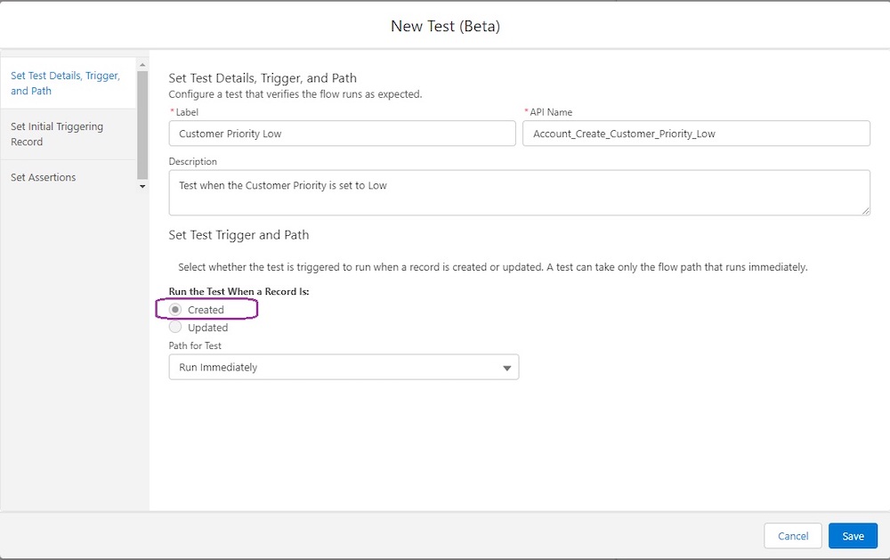 Set Test Details, Trigger, and Path tab with the Created option selected. 