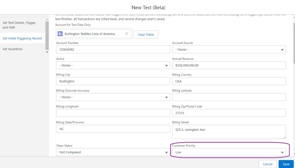 Set Initial Triggering Record tab showing the Customer Priority field is set to Low.
