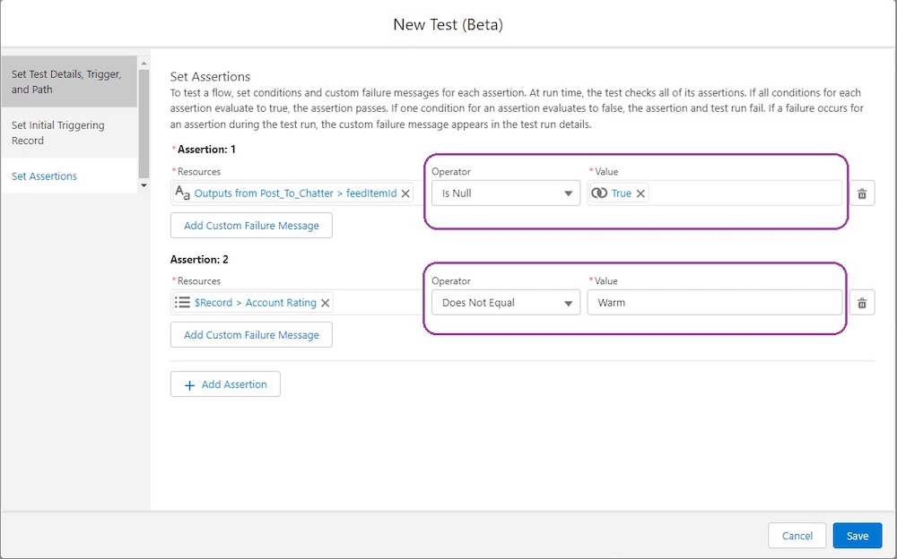 Set Assertions tab showing that there’s no Chatter feed item and that the Account Rating has not changed.