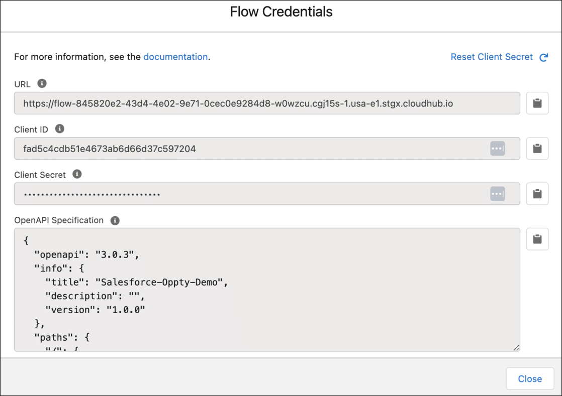 Flow URL, Credentials, and OpenAPI Spec example.