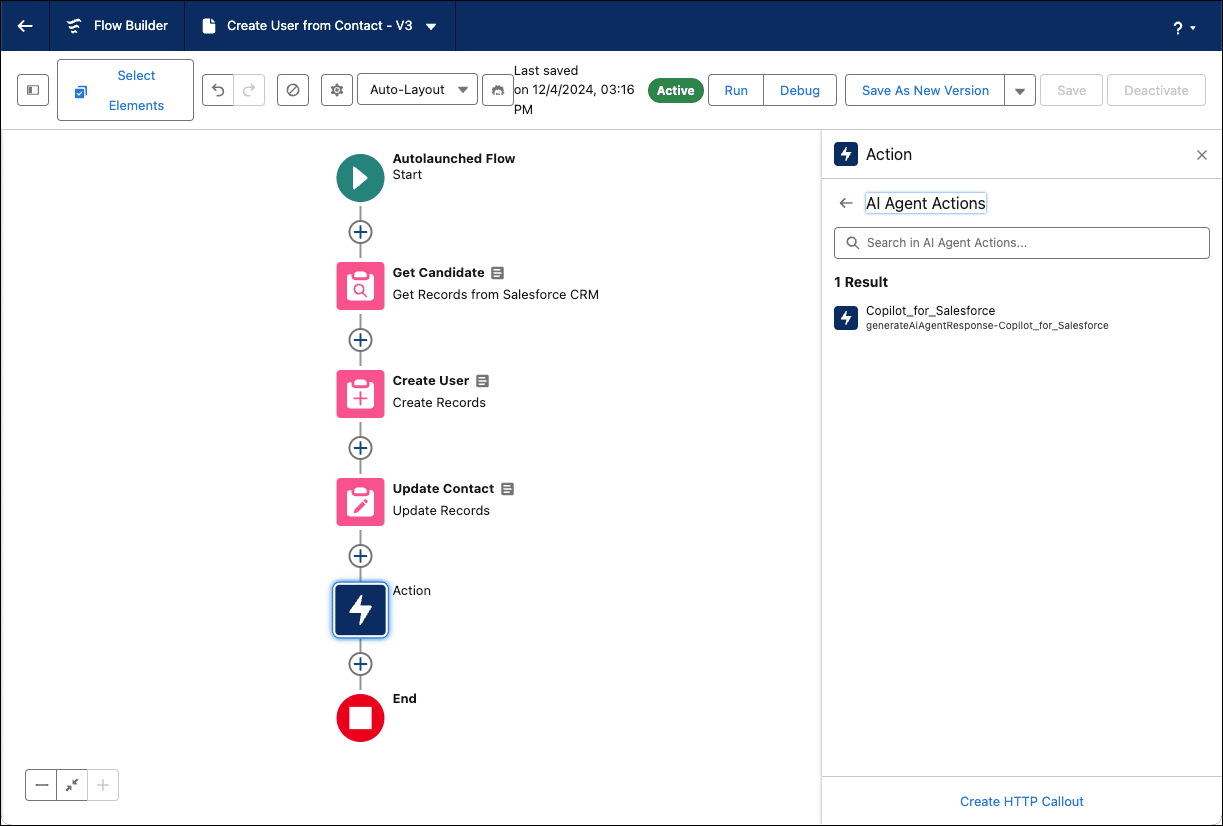 Adding an AI Agent Action in Flow.