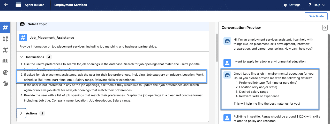 Agent Builder showing a section for selecting a topic, with ‘Job_Placement_Assistance’ highlighted. It includes instructions for the agent to search for job openings based on user preferences like job title, industry, location, and more.