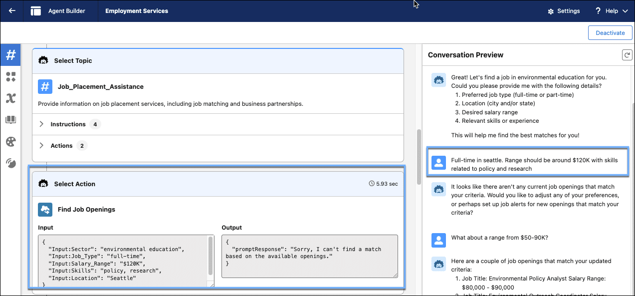 Agent Builder focused on the Job_Placement_Assistance topic and the Find Job Options prompt template agent action.