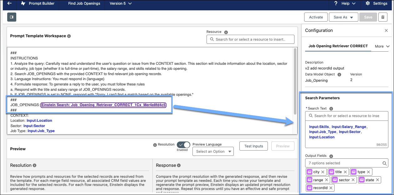 Prompt Builder displaying instructions for analyzing job openings, sections for context, resolution, and response, and a configuration panel with search parameters.