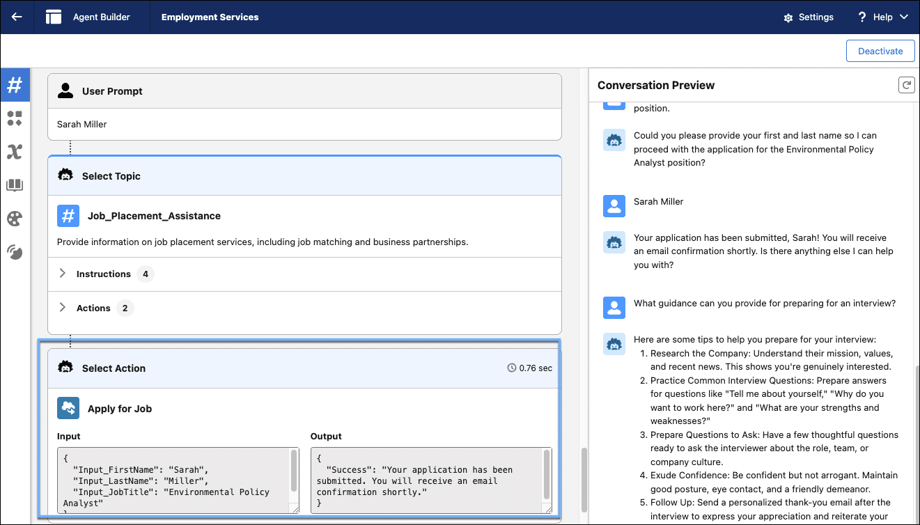 Agent Builder showing the selected topic ‘Job_Placement_Assistance’, and ‘Apply for Job’ prompt template agent action.