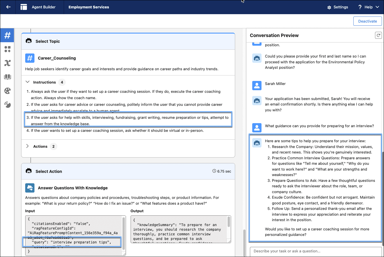 Agent Builder for the Employment Services agent with the Planner showing the Career_Counseling topic selected and invoked Answer Questions With Knowledge standard action.