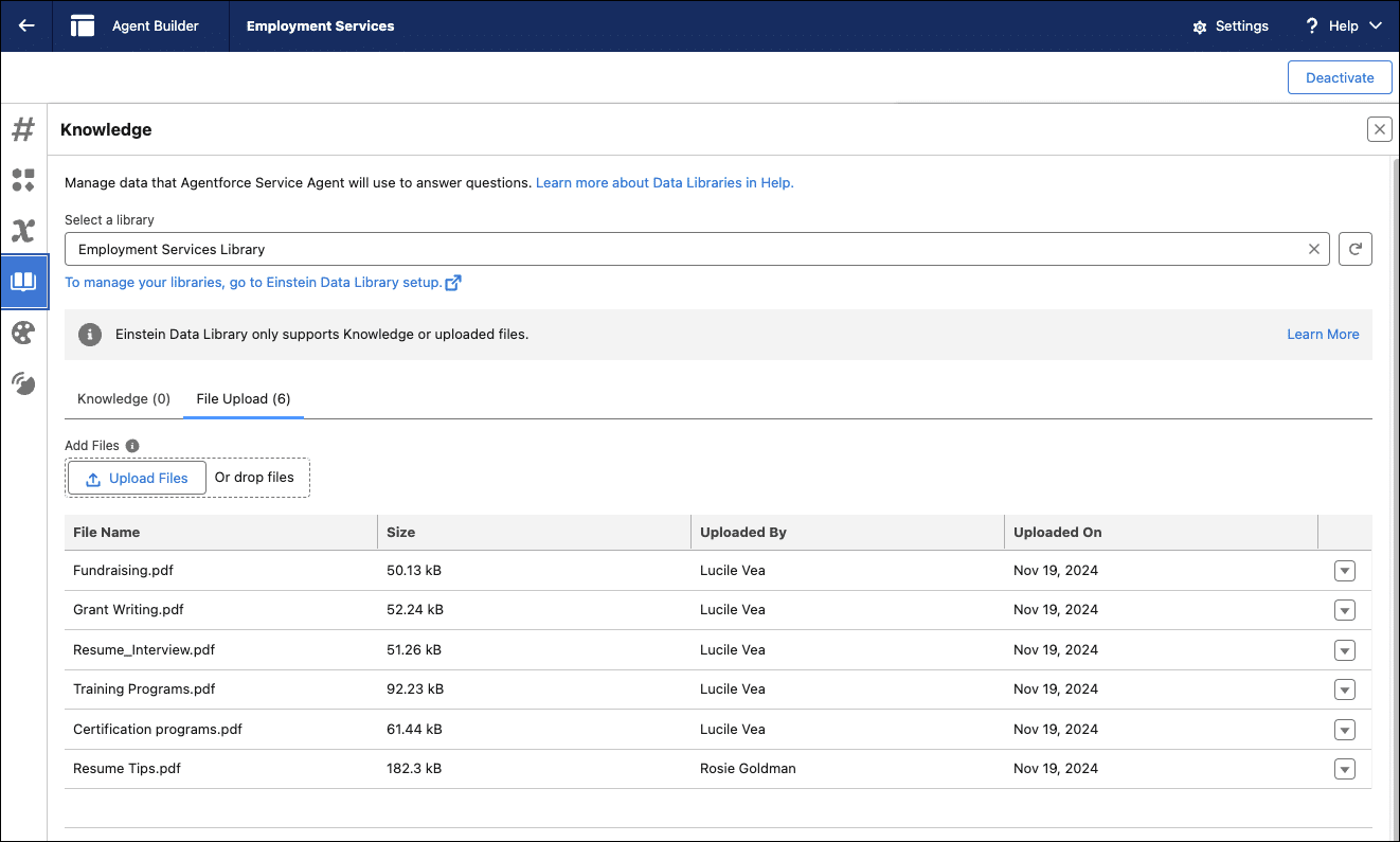 Agent Builder for the Employment Services agent, showing the Knowledge section where the PDFs are housed that are referenced in the Employment Services Library.