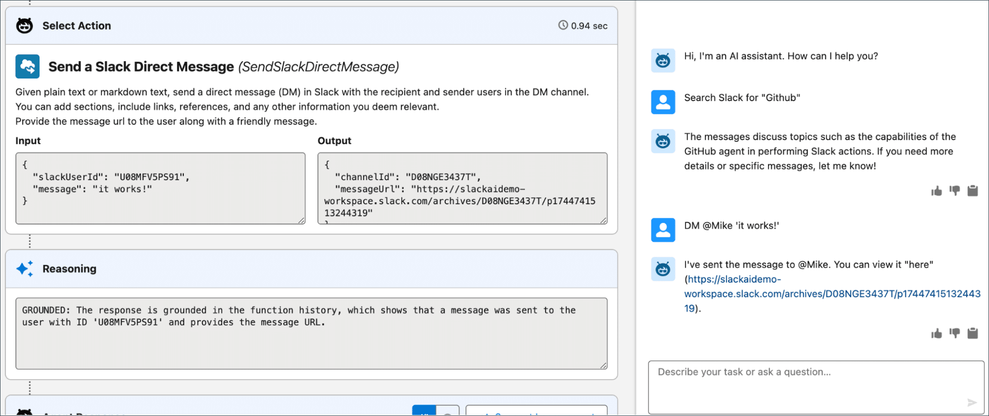 Agent Builder sending a direct message in Slack.