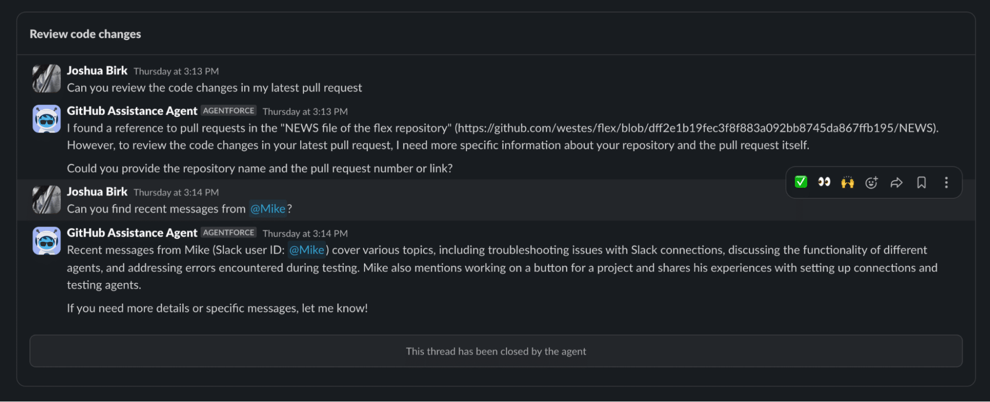 Agentforce answering prompts within Slack.