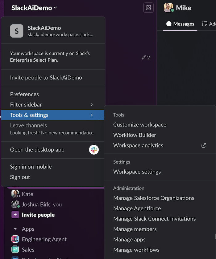 Slack menu with “Tools & settings” selected.