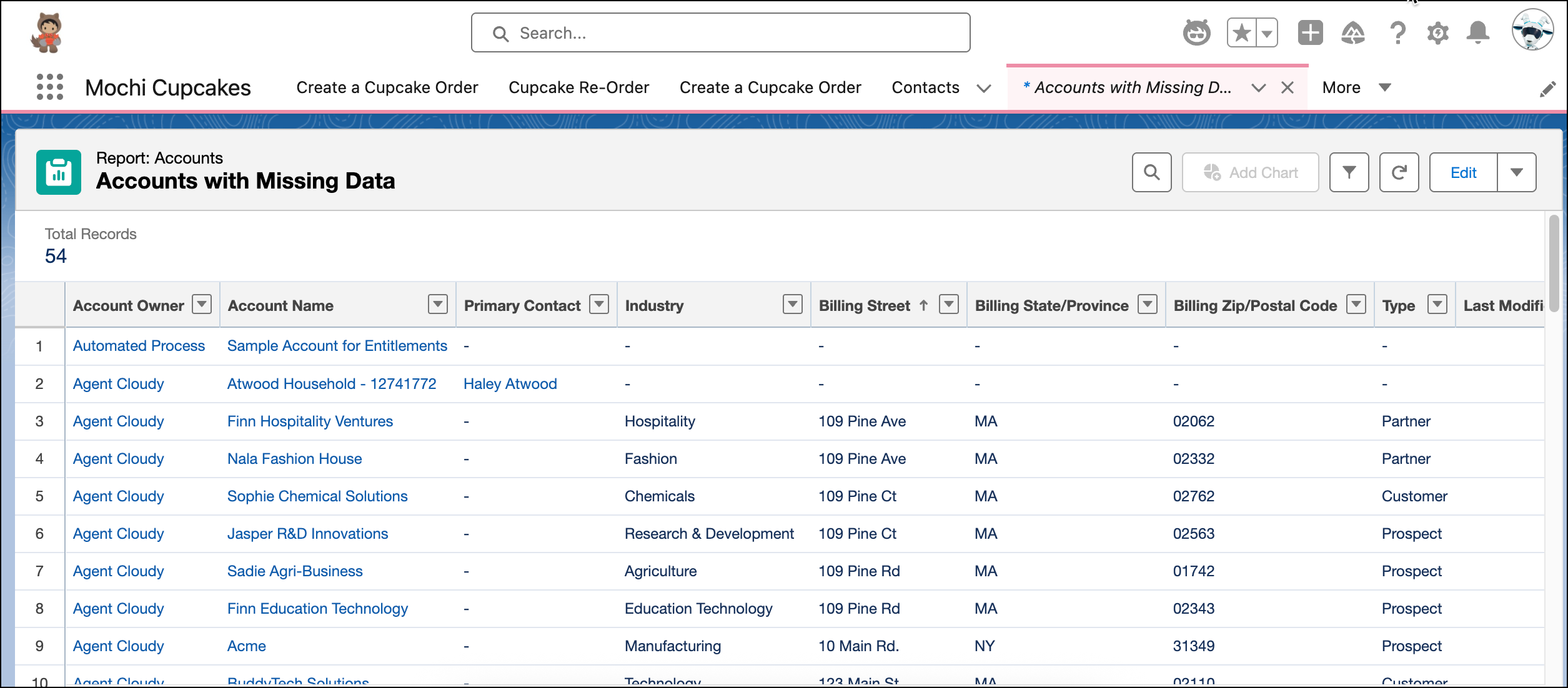 Report with accounts missing data.